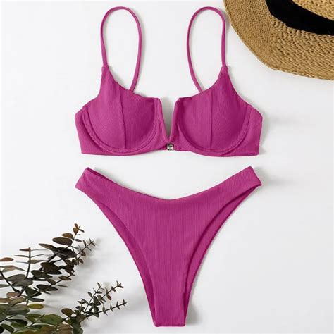 Bikini De Realce Con Tanga Para Mujer Conjunto De Bikini Acolchado Traje De Ba O Acanalado