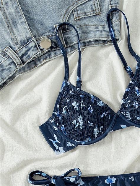 Emmiol Free Shipping Smocked Floral Print Underwire Bikini Set Blue L In Bikini Sets Online