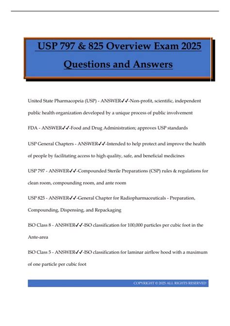 USP 797 & 825 Overview Exam 2025 Questions and Answers - USP - Stuvia US