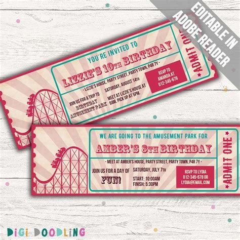 Amusement Park Invitation Roller Coaster Invitation Theme Park Ticket