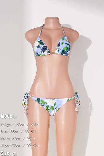 Wholesale Sexy Floral Leaf Batch Printing Tassel Halter Neck Padded Bikini Set BA010286