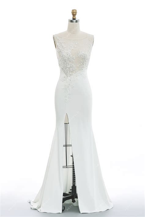 Sleeveless Designer Beaded Lace Slit Satin Mermaid Bridal Gown Brydealo