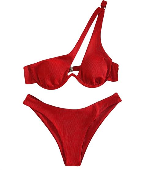 Tainehs Women S Sexy One Shoulder Ribbed Bikini Swimsuit Underwire Padded Bathing Suit Cheeky