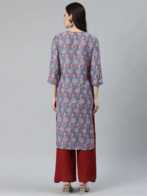 Jompers Women Blue And Red Ethnic Motifs Printed Keyhole Neck Kurta Jo Jompers Wholesale