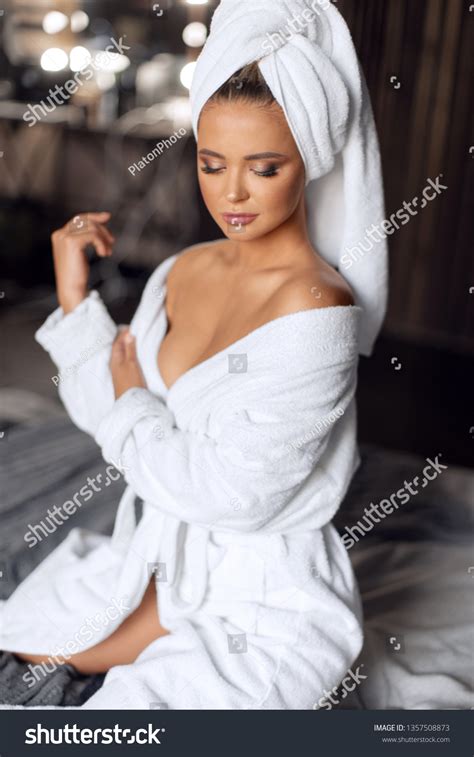 Sexy Brunette White Coat Towel Relaxes Stock Photo Shutterstock