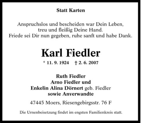 Traueranzeigen Von Karl Fiedler Trauer In Nrw De