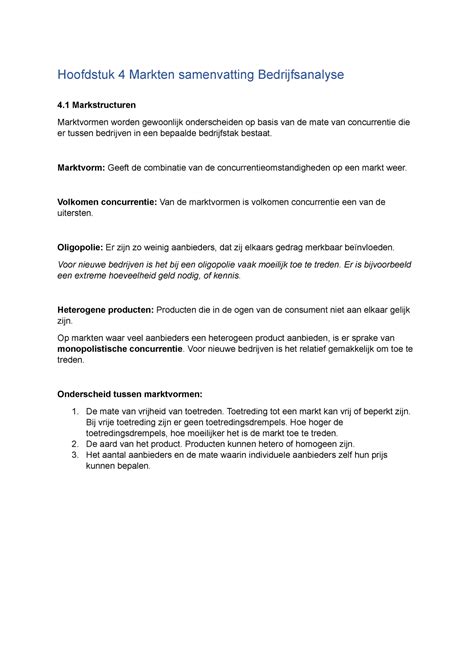 Hoofdstuk 4 Markstructuren Hoofdstuk 4 Markten Samenvatting Bedrijfsanalyse 4 Markstructuren