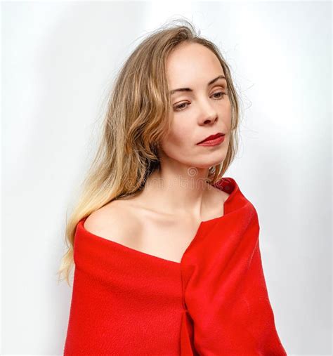 Blonde Woman In Red Scarf Bare Shoulders Dreamy Calm Look To Side Stock Photo Image Of