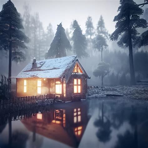 Premium AI Image | A cabin in a snowy forest with the lights on.