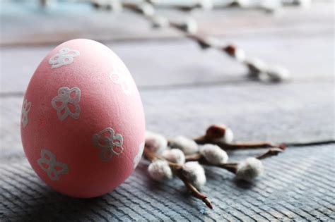 Premium Photo Bird Colorful Egg In Nest And Pussy Willow Branches On Wooden Background