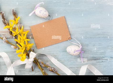 Traditional Easter Background Easter Eggs Pussy Willow And Forsythia Flower With Ribbon And