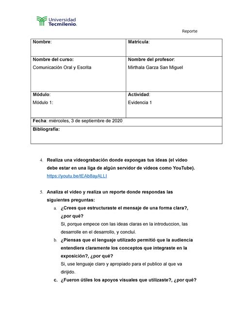 Evidencia 1 comunicacion Reporte Nombre Matrícula Nombre del curso