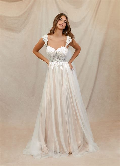 Azazie Katia Diamond White Nude A Line Lace Tulle Dress Azazie