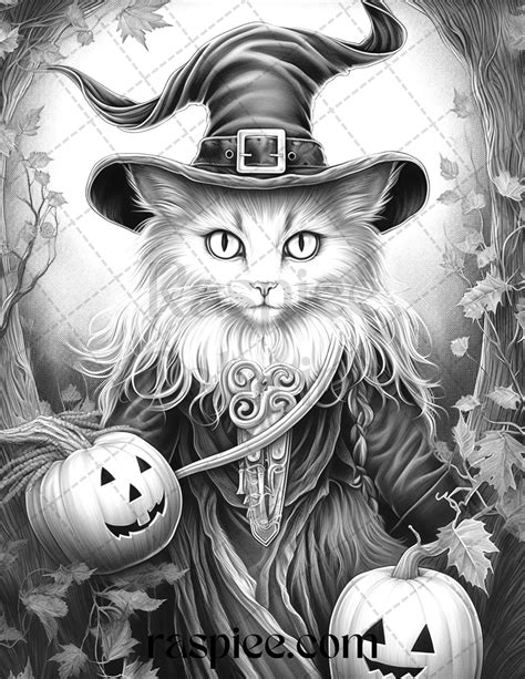 40 Halloween Witch Cat Grayscale Coloring Pages Printable For Adults