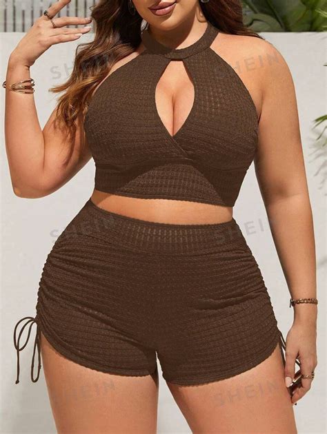 SHEIN Swim Curve Conjunto De Bikini De Textura De Color Liso De Talla Grande Para Playa De
