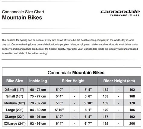 Cannondale Mountain Bike Sizing Chart Pdf Cycle Sport Land Transport | Images and Photos finder