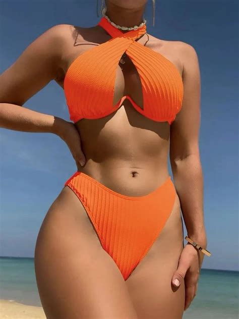 Halter Push Up Bikini Hollow Out Swimsuit Women Padded Swimwear Female Bathers Bathing