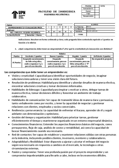 Examen T1 Emprendimiento y Evaluación de Proyectos Curso