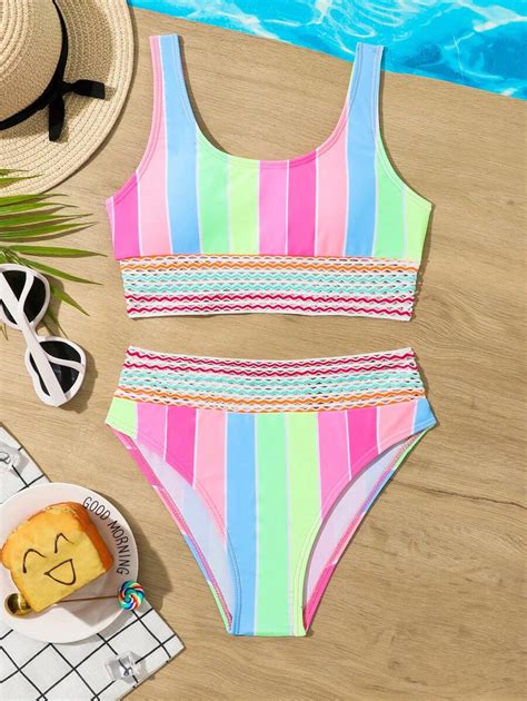 Conjunto De Bikini Para Ni As Preadolescentes Con Cuello Redondo Y Rayas Moda De Mujer Shein