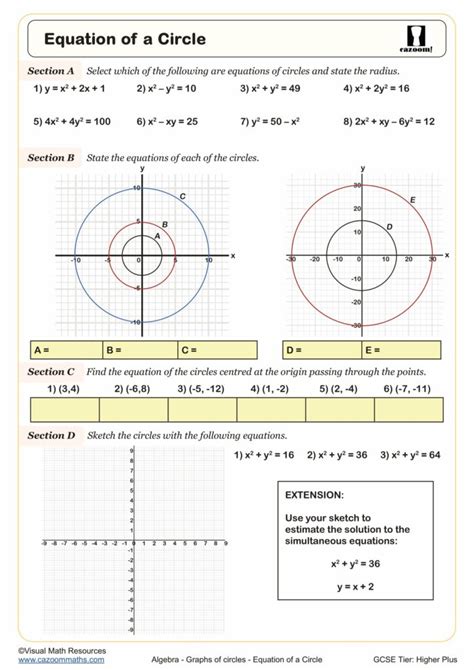 Equation of a circle Worksheet | Printable PDF Worksheets