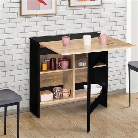 Table Console Pliante Noire Plateau Bois Double Rangement Edi Id Market