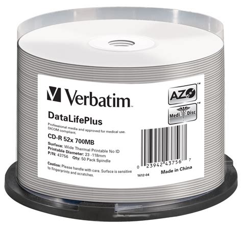 CD R 52x DataLifePlus Wide Thermal Professional 50pk Spindle Verbatim