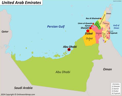 UAE Emirates And Capitals Map - United Arab Emirates - Ontheworldmap.com