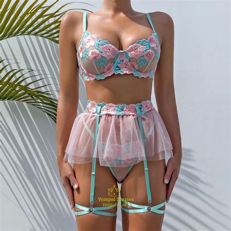 Embroidery Lingerie Set Women Mesh Ball Gown Dress Garter Kit Brief Erotic Set Piece Floral