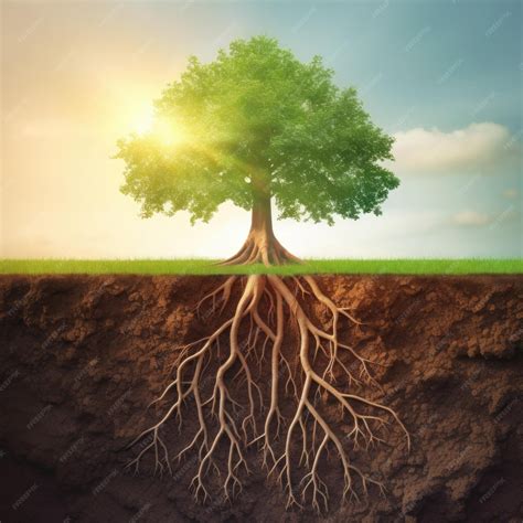 One tree in a field with roots reaching deep into the soil cross
