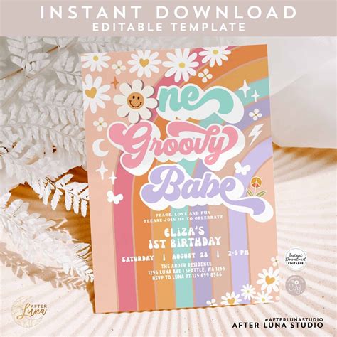 Editable St One Groovy Babe Birthday Party Invitation Daisy Rainbow Birthday Hippie Retro