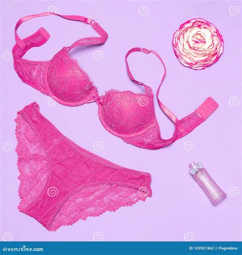 Lace Lingerie Set With Perfume And Flower Stock Photo Image Of Perfume Purple