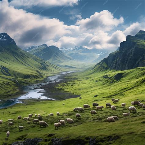 premium ai image  small mountain  green slopes sheeps surrounde