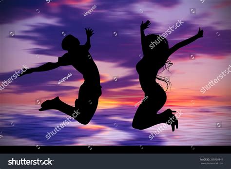 Silhouette Jumping Teenagers Sunset Sky Background Stock Illustration ...