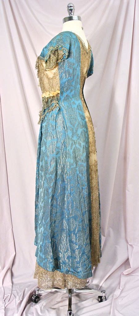 Edwardian Peacock Blue Metallic Gold Silk Brocade Jeweled Ballgown