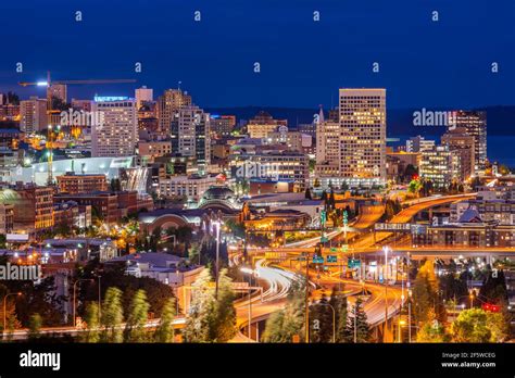 Tacoma Washington Usa Skyline At Night Stock Photo Alamy