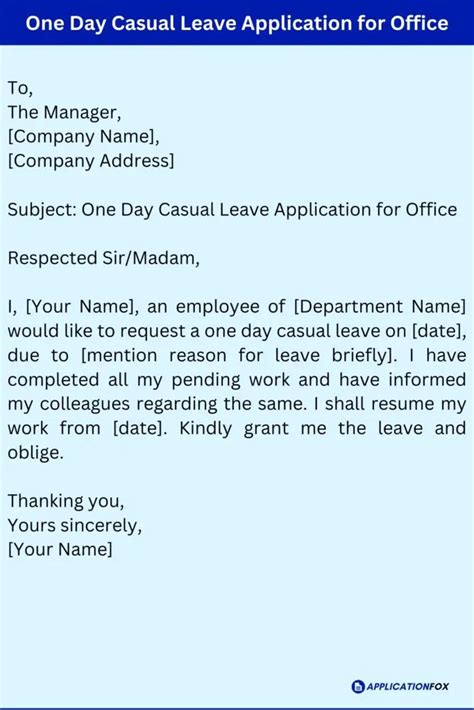 5 Samples One Day Casual Leave Application
