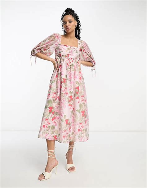 And Other Stories Gathered Volume Midi Dress In Pink Asos