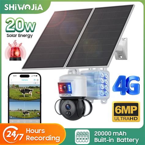 SHIWOJIA 20W Solar Powered Security Camera 4G WIFI 24 7 Recording