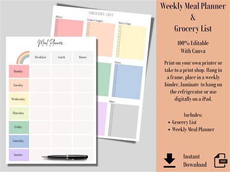 Editable Weekly Meal Planner Grocery List Printable Digital Meal Prep