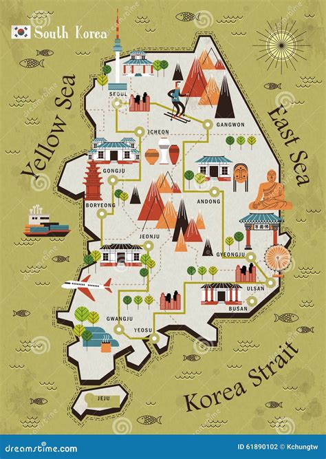 South Korea travel map stock vector. Illustration of city - 61890102