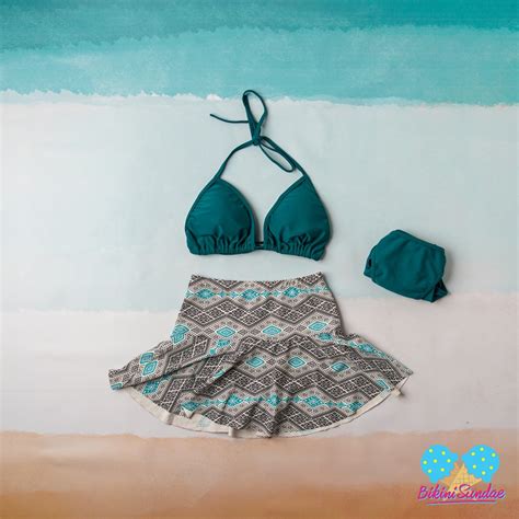 Jual Swimsuit Set Bikini Baju Renang Wanita High Waist Rok In Emerald Green And Tribal