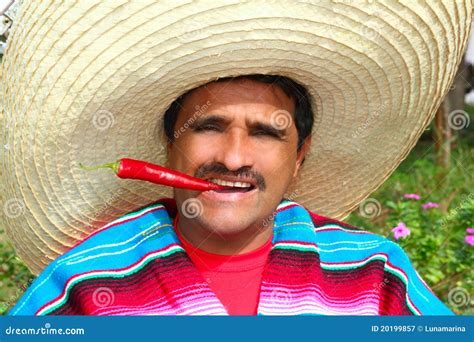 Mexican Man Poncho Sombrero Eating Red Hot Chili Stock Image Image Of Humor Mexico 20199857