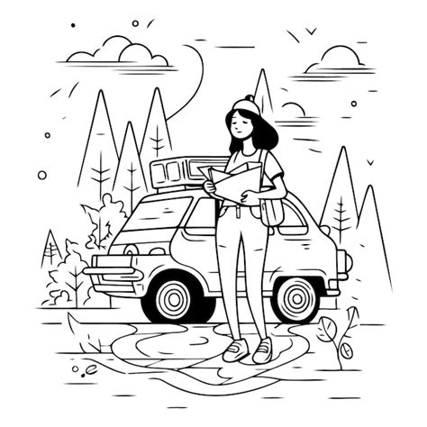 Premium Vector Girl With Map And Car On The Road In Linear Style