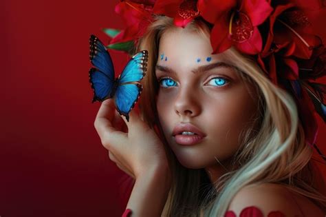 Premium Photo Blonde Woman With Flowers And Butterfly In Studio Portrait