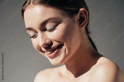 Beautiful Naked Smiling Girl Posing Isolated On Grey Stock Photo Adobe Stock