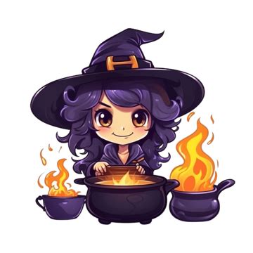 Cute Witch Brews A Potion In A Cauldron Halloween Character Isolated