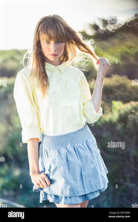 Stylish Gorgeous Blonde On The Roadside Posing Stock Photo Alamy