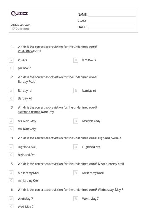 50 Abbreviations Worksheets For 3rd Grade On Quizizz Free Printable