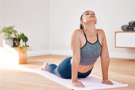 Cobra Pose Yoga Or Woman In Home For Stretching Wellness Or Body