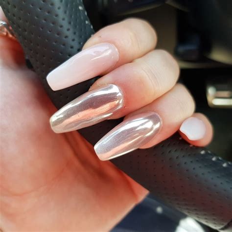 Pinky Nude White Acrylic Extensions With Chrome Feature Nail Chrome Nails Nails Acrylic Nails